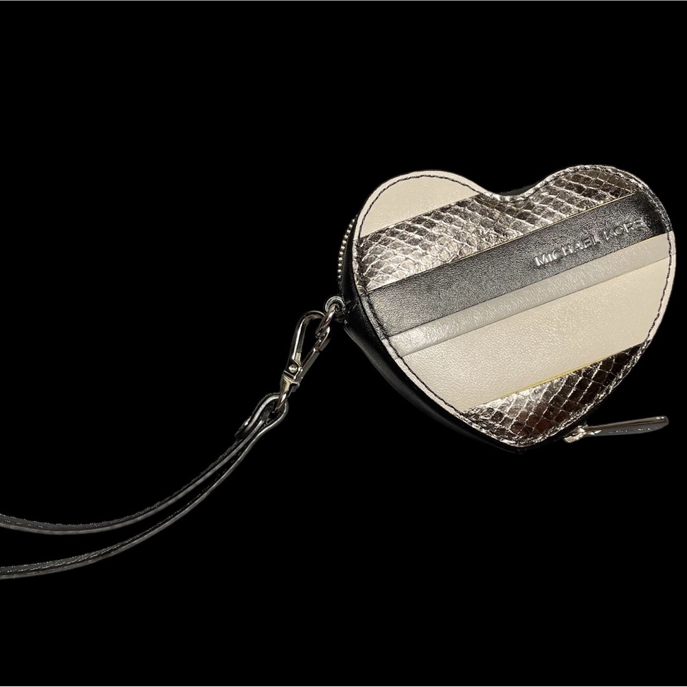 Michael Kors Heart Snake embossed Wristlet Coin Purse - Silver, Black & Cream